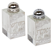 Crystal Salt And Pepper Shaker Set With Silver Plaque